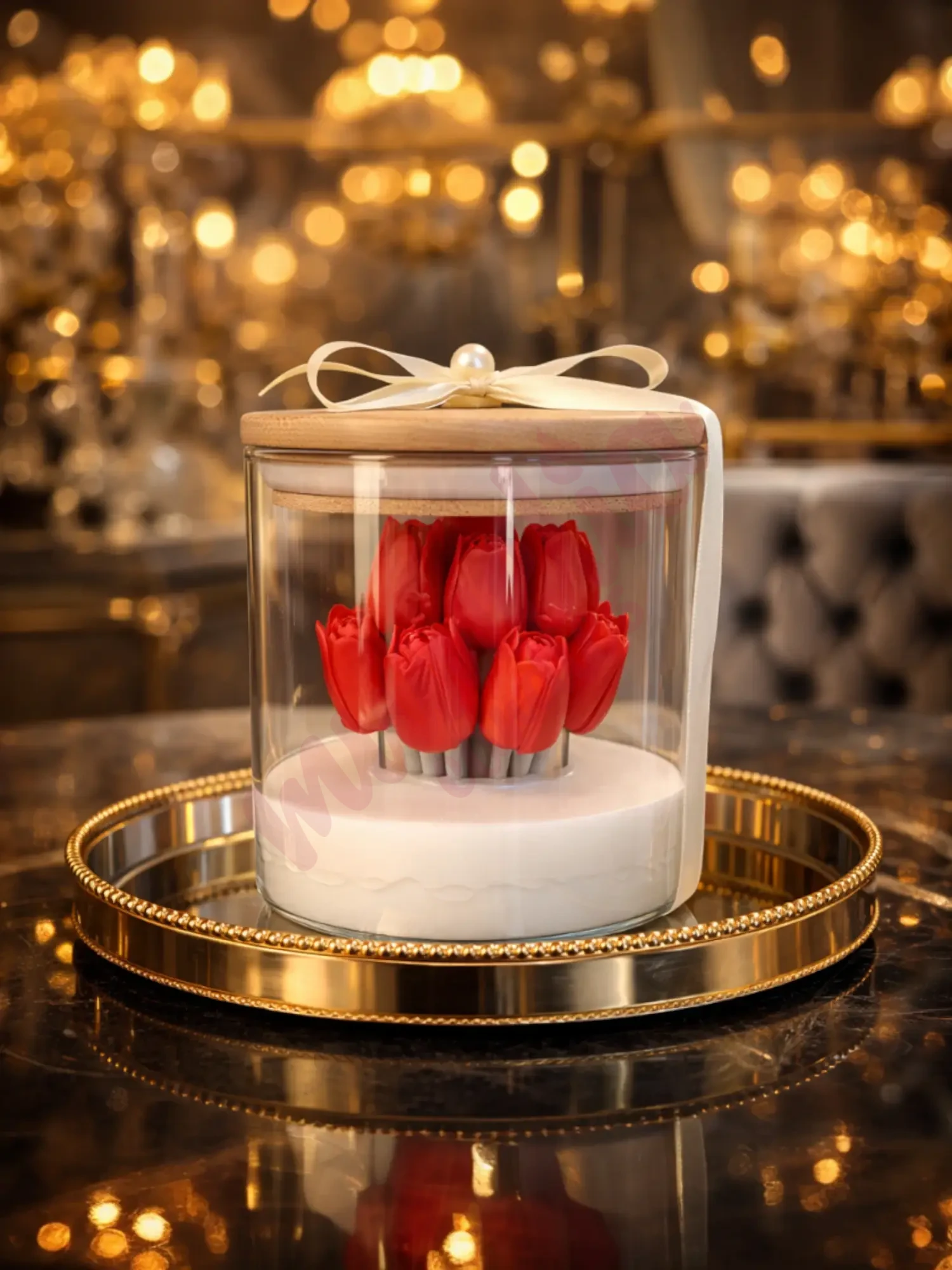 M-PR-1107-1-min Kırmızı Lale Tasarımlı Cam Kavanoz - Doğal SoyaWax Mum - Görsel 1